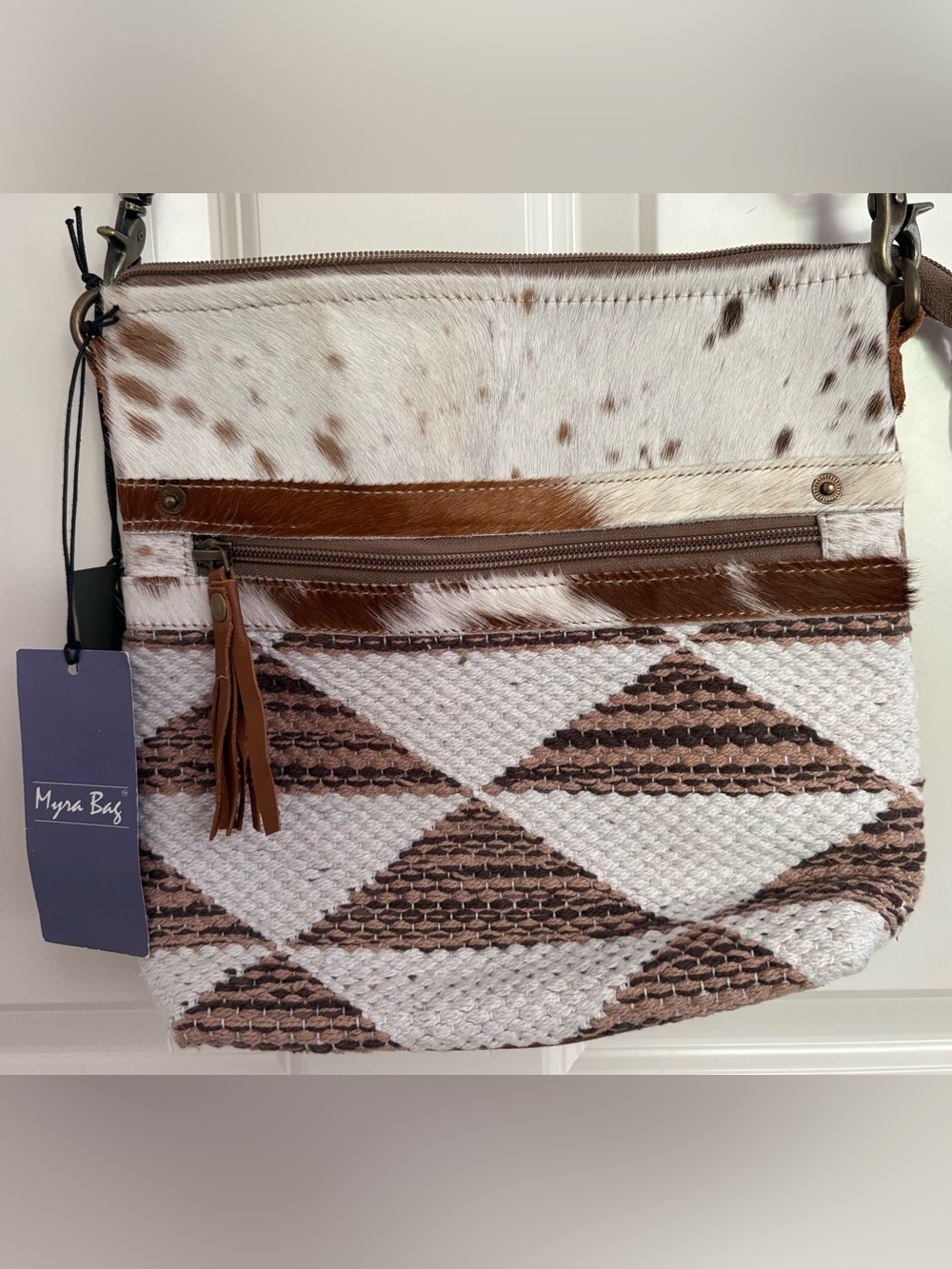 Myra Bag Womens Brown Cream Cow Hide Leather Dusky Triangles Crossbody Bag NWT